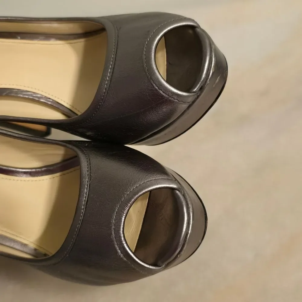 COACH Breana leather peep toe platform heels in pewter metallic 7.5
